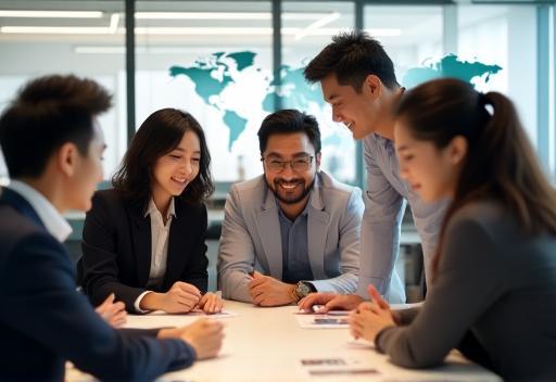 A diverse and friendly Akatsuki Ryoko support team collaborating in a modern, bright office setting in Tokyo, with a subtle world map graphic in the background