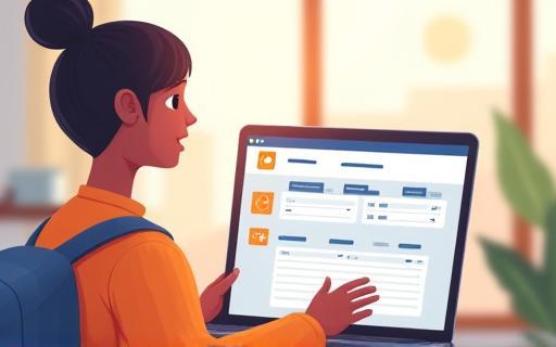 Illustration of a person accessing booking details on a laptop, with travel icons