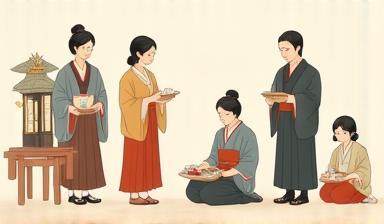 An elegant illustration depicting a respectful bow and tea ceremony items, symbolizing Japanese cultural etiquette